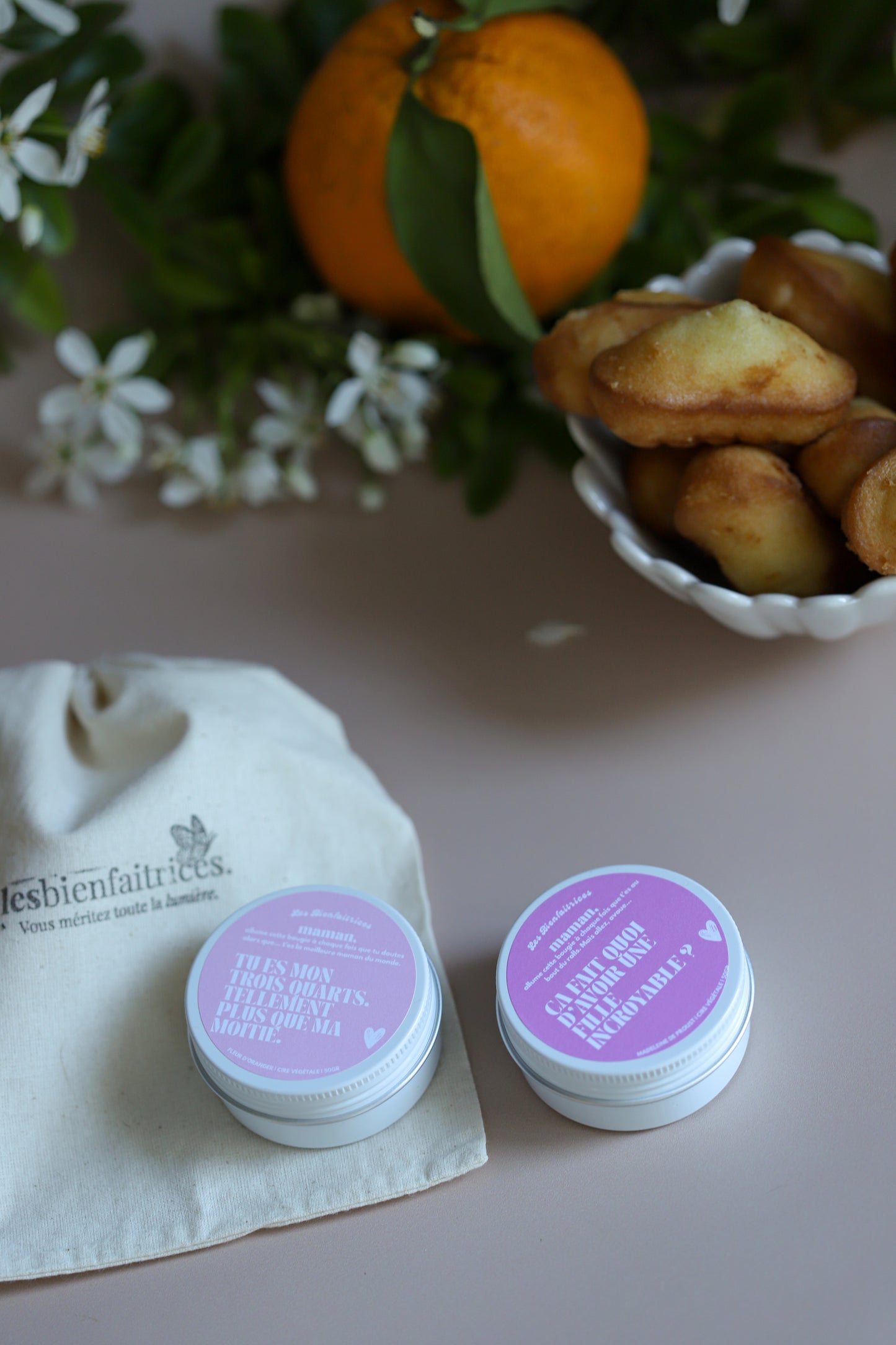 Coffret fête des mères - baby bougies 50gr | Deux mini bougies, fleur d'oranger & madeleine de Proust
