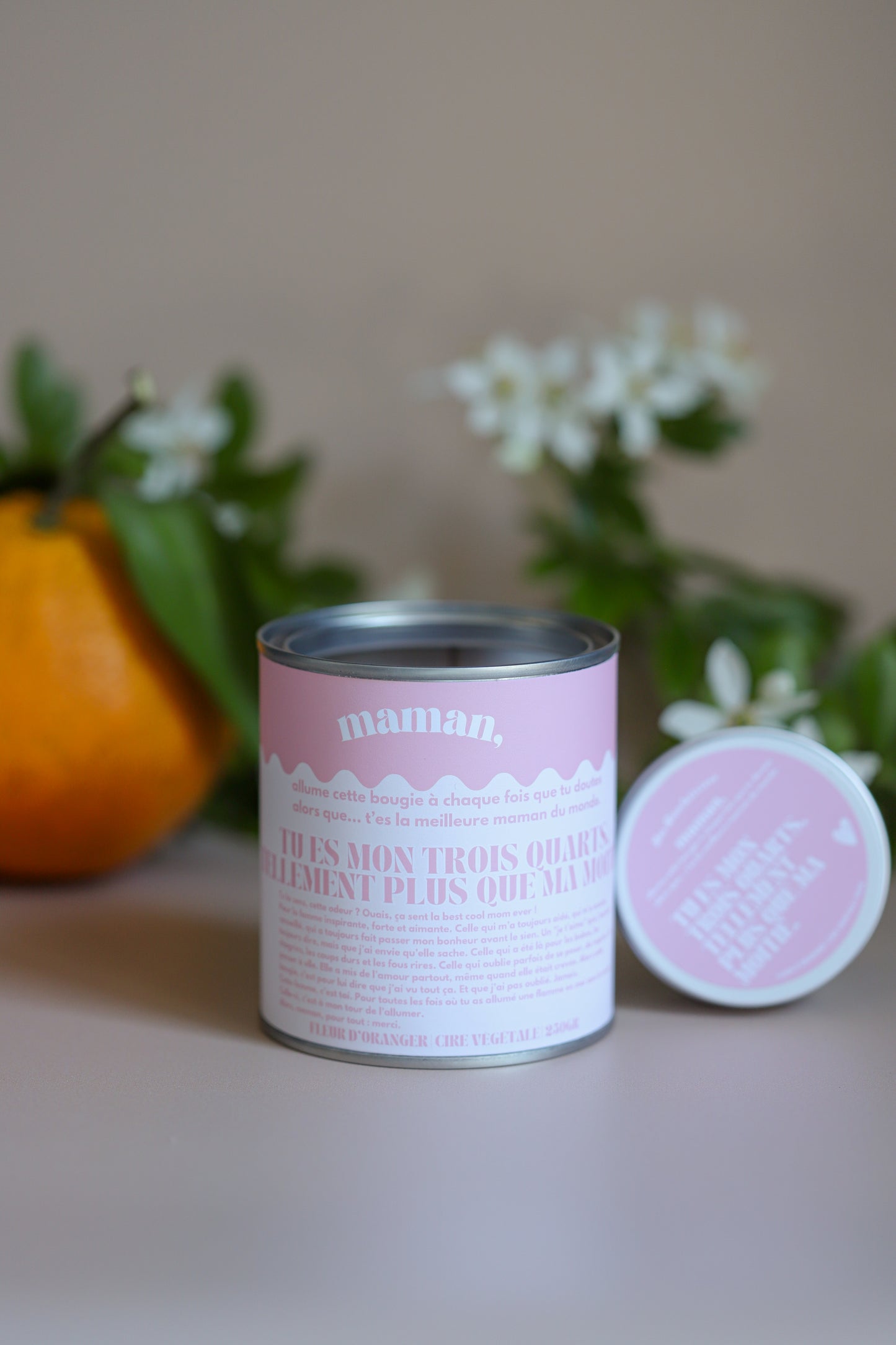 Bougie fête des mères "Tu es mon trois quarts. Tellement plus que ma moitié." | Bougie fleur d'oranger