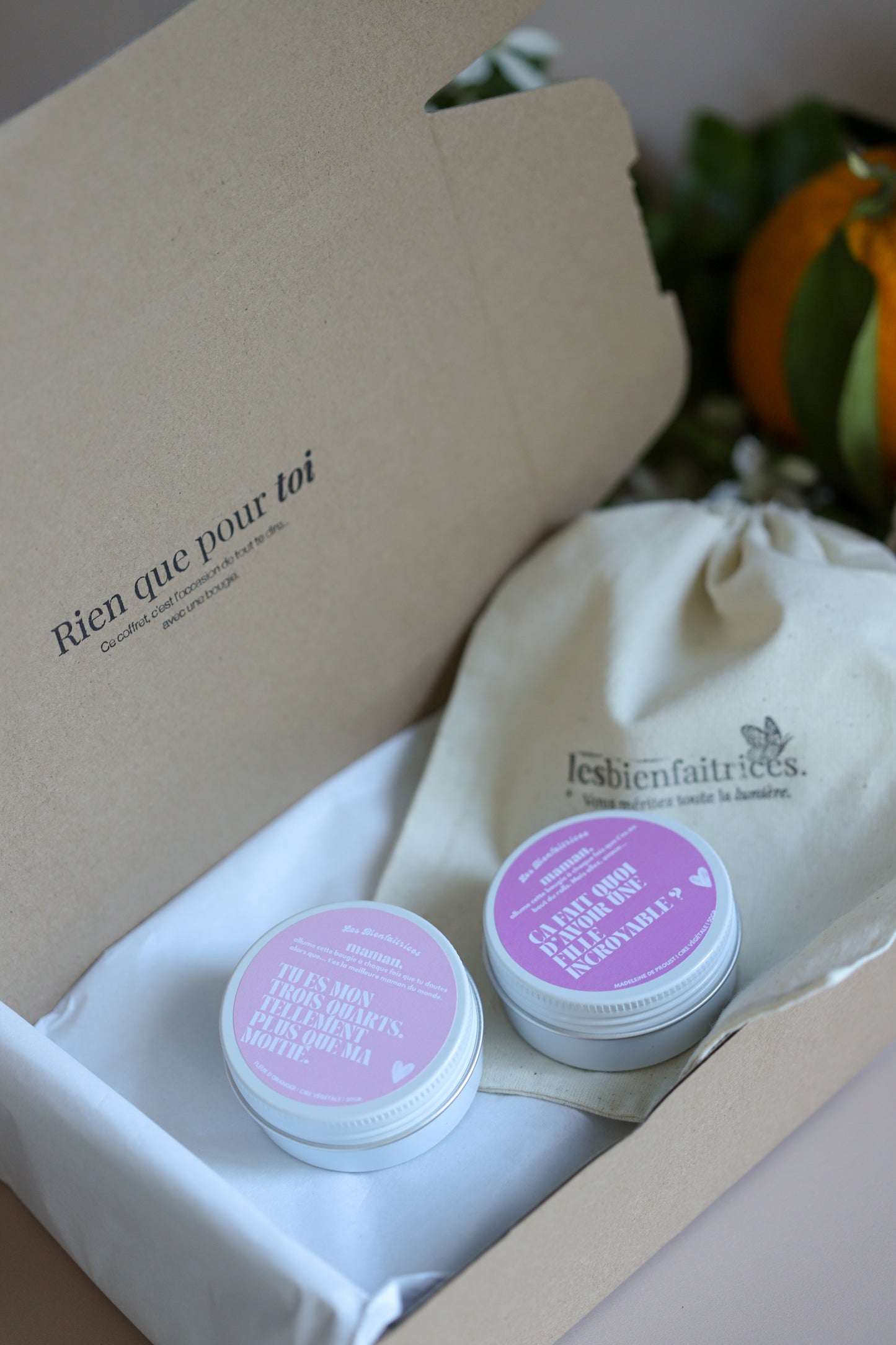 Coffret fête des mères - baby bougies 50gr | Deux mini bougies, fleur d'oranger & madeleine de Proust
